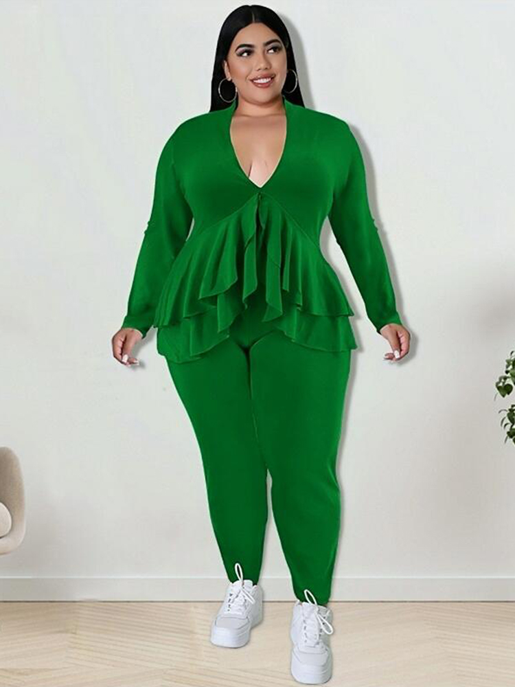 Winter Clothing Plus Size - Женский костюм-двойка с брюками и оборками